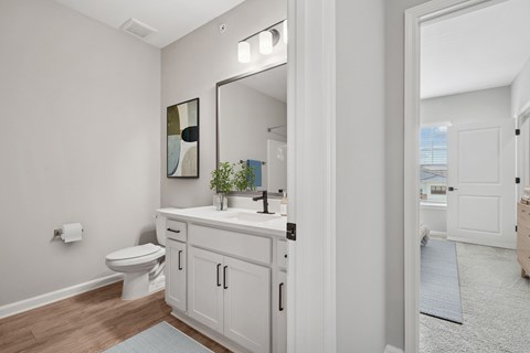 A bathroom with a toilet, sink, and mirror.