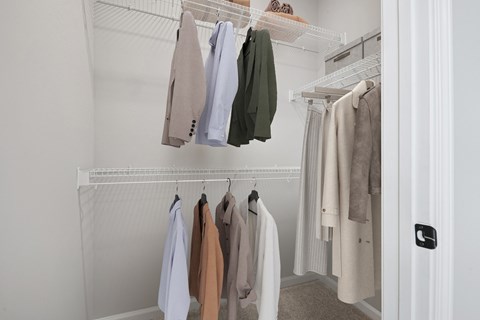 Clothes hanging on a white closet rod.