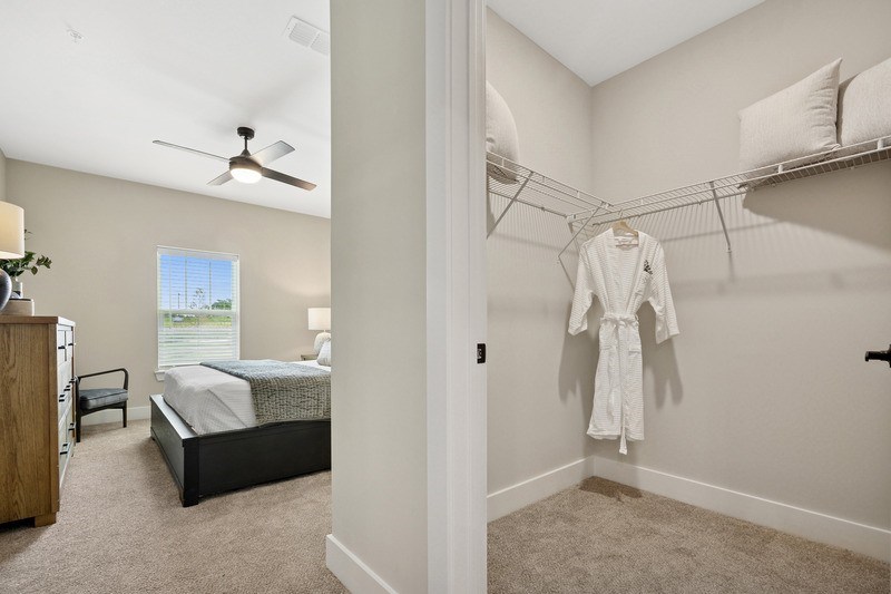 A bedroom with a bed, a dresser, a ceiling fan, and a window.