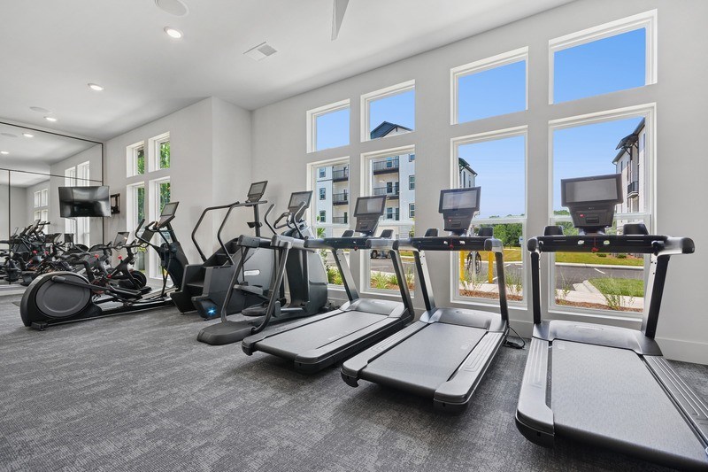 A gym with treadmills, exercise bikes, and other equipment.