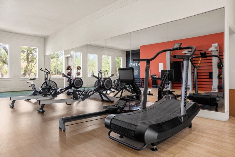 a room with a lot of exercise equipment and mirrors on the wall