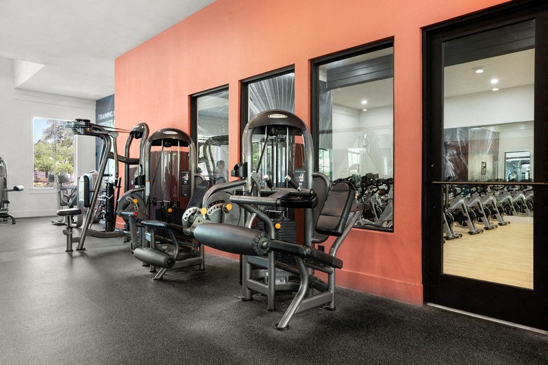 a gym with a variety of exercise equipment