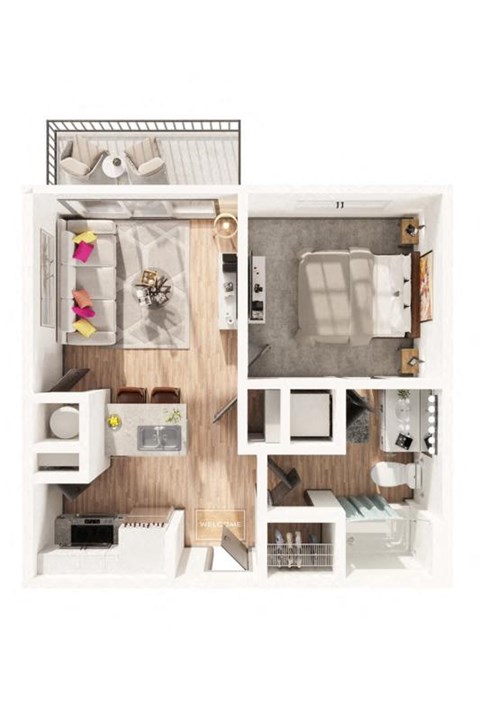 a furnished apartment with a bedroom and living room