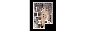 a furnished apartment with a bedroom and living room