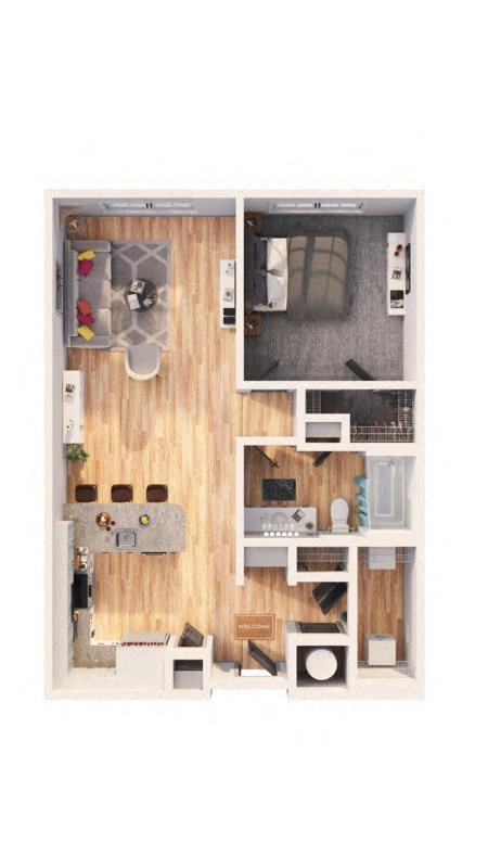 a furnished apartment with a kitchen and living room