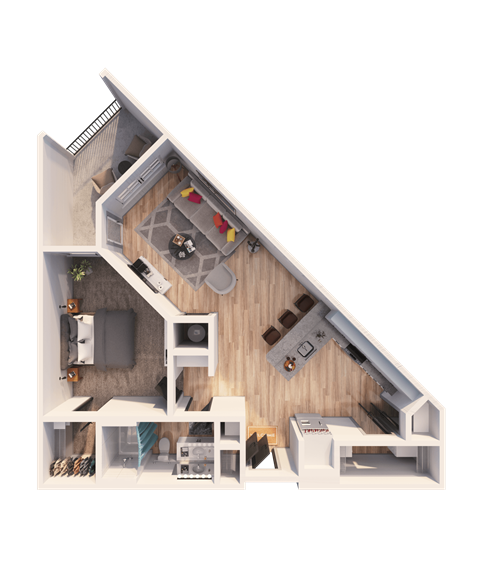 A 3D floor plan of a house showing a kitchen, living room, and bedrooms.