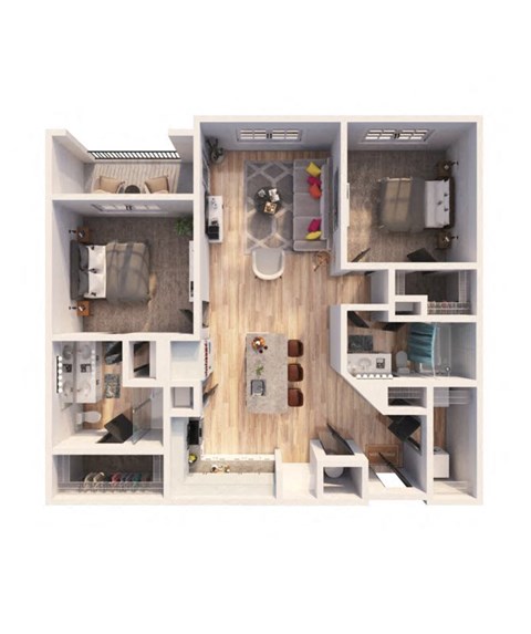 a furnished apartment with a bedroom and living room