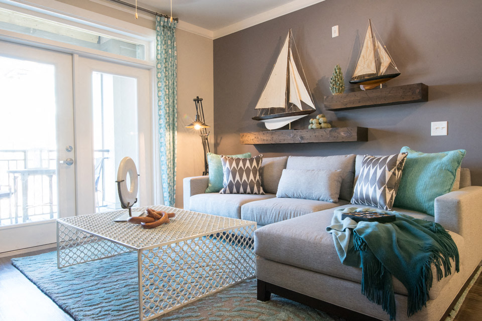 a living room with a couch and a coffee table