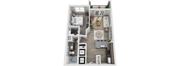 a stylized floor plan with a bedroom and a living room