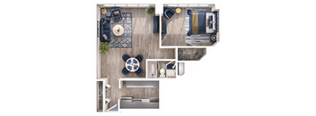 A top-down view of a room with a blue and white color scheme, featuring a sofa, a coffee table, a bed, and a desk.