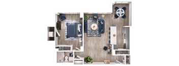 A top-down view of a room with a blue and white color scheme.