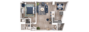 A top-down view of a well-organized room with a dining area, kitchen, and living room.