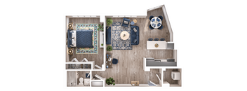 A top-down view of a house layout with a kitchen, living room, and bathroom.