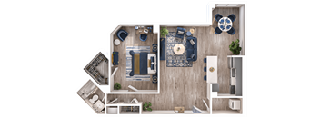 A top-down view of a room with a living area, kitchen, and bathroom.