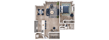 A top-down view of a room with a dining table, couch, and a rug.