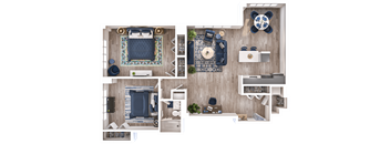 A top-down view of a room with a bed, a couch, a desk, and a chair.