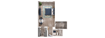 A top-down view of a bathroom with a toilet, sink, and a rug.