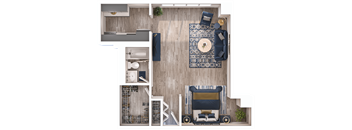 A top-down view of a bedroom with a bed, dresser, and a small bathroom.
