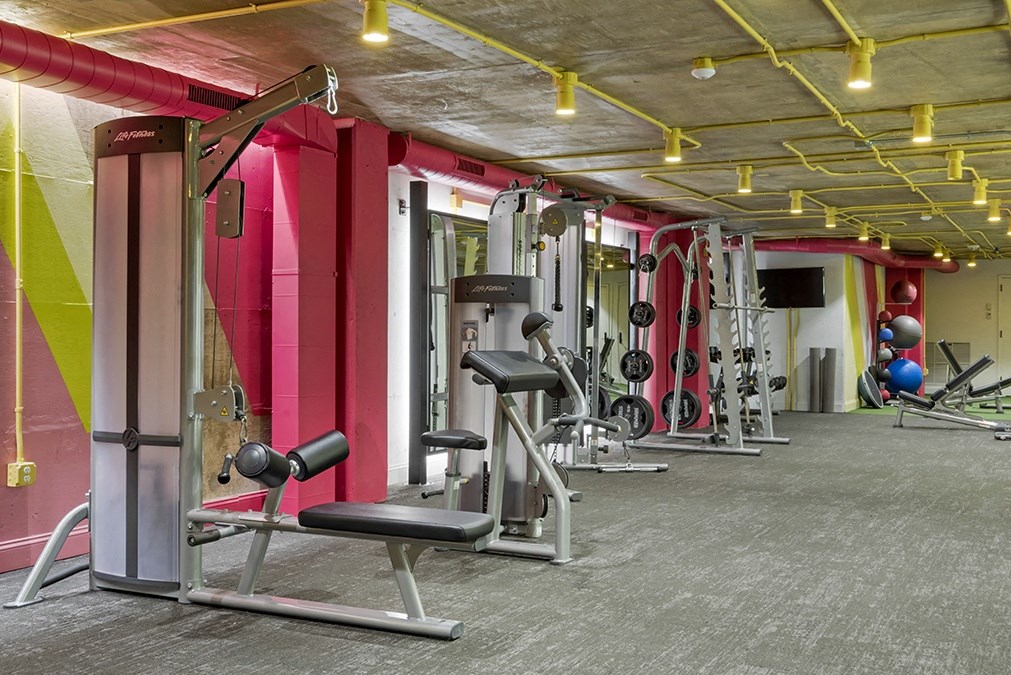 a gym with a lot of exercise equipment in it