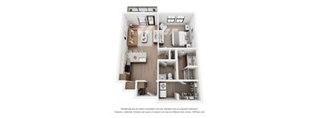 A 3D floor plan of a small apartment with a kitchen, living room, and bathroom.