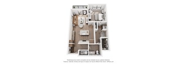 A 3D floor plan of a small apartment with a kitchen, living room, and bathroom.