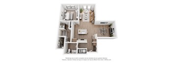 A 3D floor plan of a small apartment with a kitchen, living room, and bedroom.