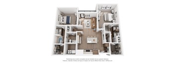 A 3D floor plan of a house with a kitchen, living room, and bedrooms.