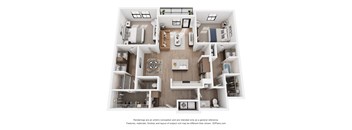 A 3D floor plan of a house with a kitchen, living room, and bedrooms.
