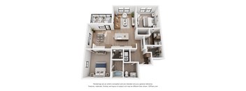 A 3D floor plan of a house with various rooms and furniture.