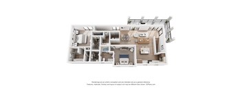 A 3D floor plan of a house with a kitchen, living room, and bedrooms.