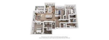 A 3D floor plan of a house with multiple rooms and furniture.