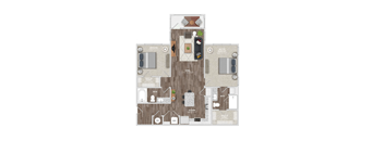 A floor plan of a house with a kitchen, living room, and two bedrooms.