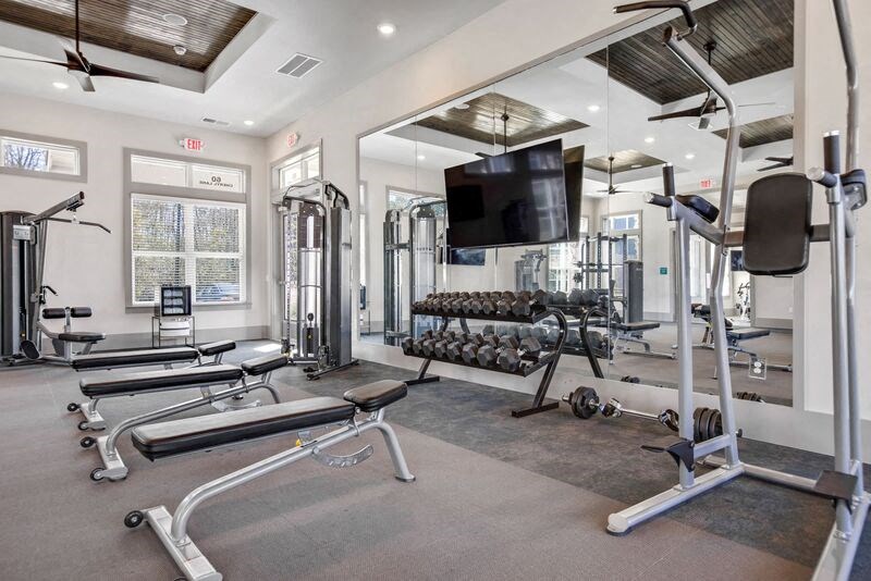 the gym is equipped with cardio equipment and a flat screen tv