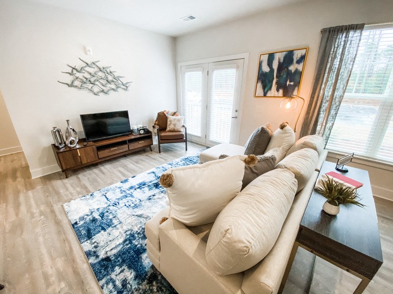 a living room with a couch and a tv