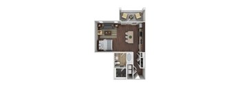 A top-down view of a small apartment with a kitchen, living room, and bathroom.