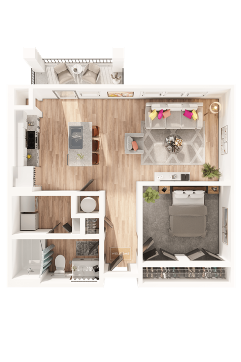 a 3d drawing of the interior of a 1 bedroom apartment