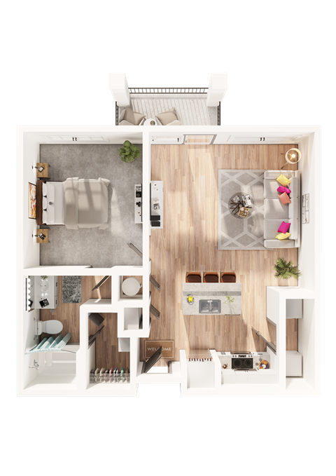 a one bedroom one bathroom 3D floorplan