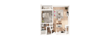 a one bedroom one bathroom 3D floorplan