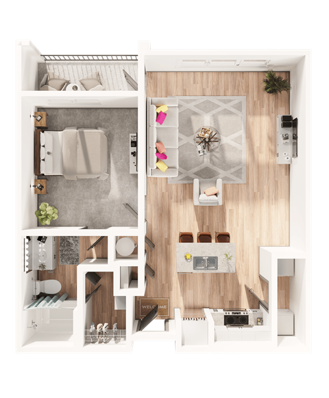 a one bedroom one bathroom 3D floorplan