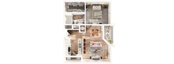 a one bedroom one bathroom 3D floorplan