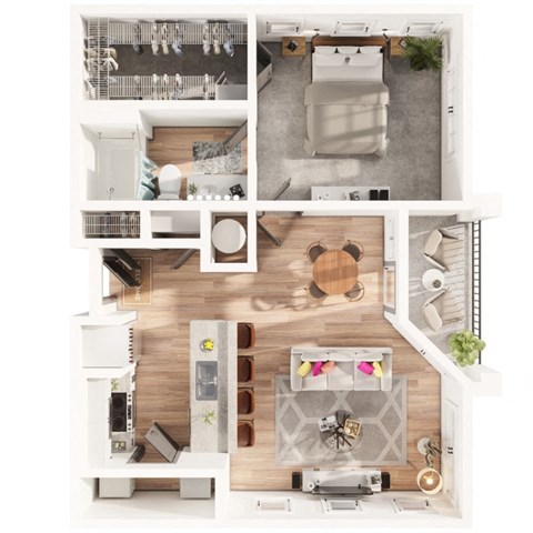 a one bedroom one bathroom 3D floorplan