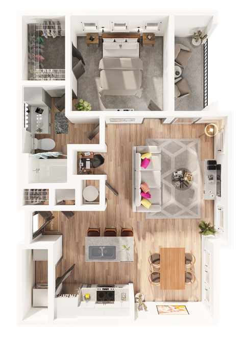 a one bedroom one bathroom 3D floorplan