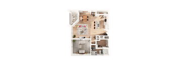 a one bedroom one bathroom 3D floorplan