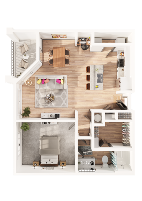 a one bedroom one bathroom 3D floorplan