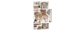 a two bedroom two bathroom 3D floorplan