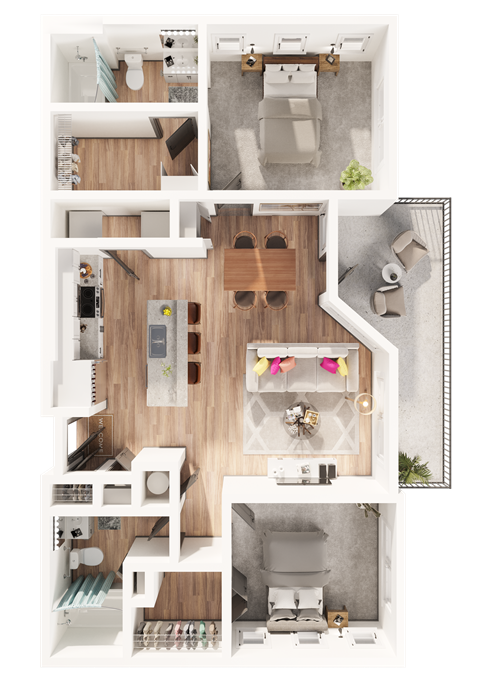 a two bedroom two bathroom 3D floorplan