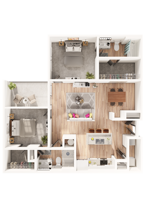 a two bedroom two bathroom 3D floorplan