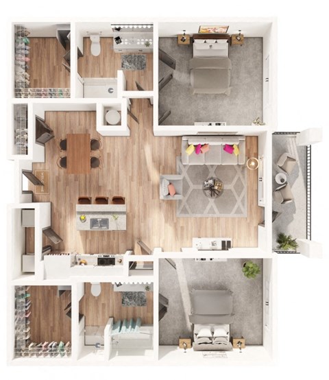 a two bedroom two bathroom 3D floorplan