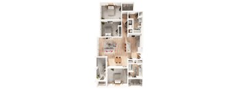 a three bedroom two bathroom 3D floorplan