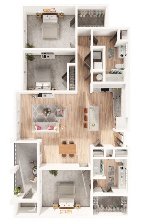a three bedroom two bathroom 3D floorplan